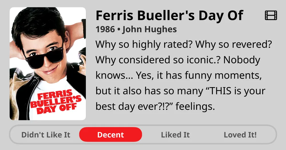 Ferris Bueller's Day Off • 1986 • John Hughes • Why so highly rated? Why so revered? Why considered so iconic. Nobody knows... Yes, it has funny moments, but it also has so many "THIS is your best day ever?!?" feelings. • Decent