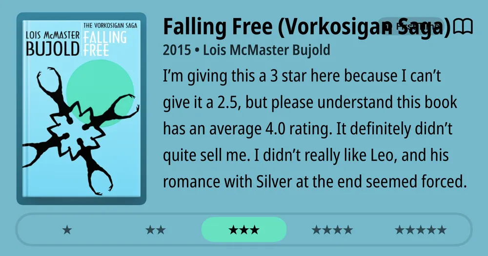 Falling Free (Vorkosigan Saga) • 2015 • Lois McMaster Bujold I'm giving this a 3 star here because I can't give it a 2.5, but please understand this book has an average 4.0 rating. It definitely didn't quite sell me. I didn't really like Leo, and his romance with Silver at the end seemed forced. ****